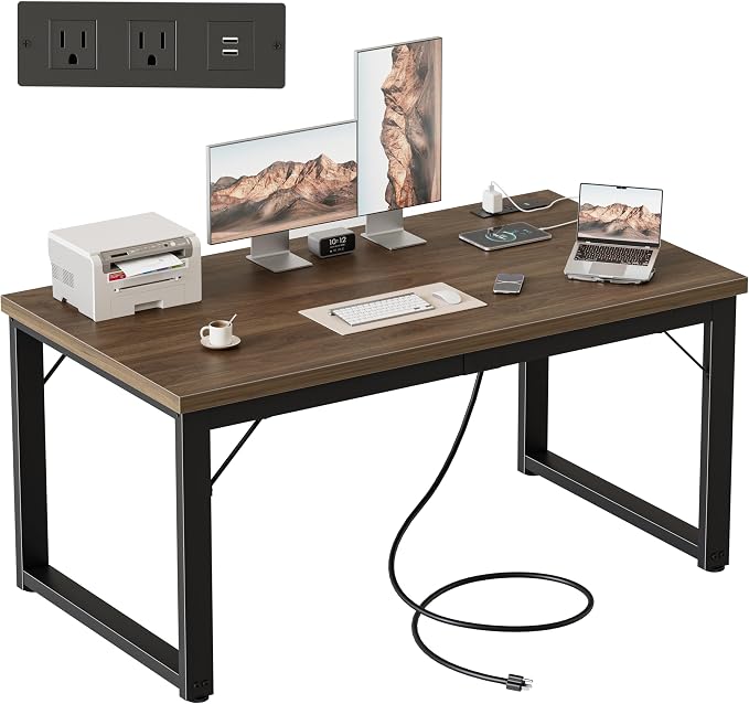 Mericonia 48 Inch Computer Desk with Power Outlets, 1.2" Thick Office Table | Modern Simple Style, Heavy Duty Industrial Frame, Small Study & Writing Table for Home Bedroom Work, Walnut by MERICONIA