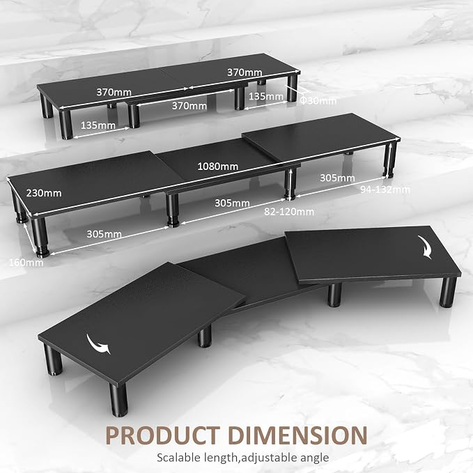 AX WABER Dual Monitor Stand Riser, Monitor Stand with Adjustable Height Steel leg, Wood Monitor Stand for Desk, Monitor Riser for 2 Monitors with Storage Space Black - Image 5