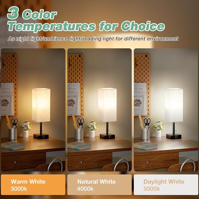 aooshine Pull Chain Small Table Lamp - 3 Color Temperature Bedside Lamp for Bedroom with USB Port, Minimalist Nightstand Lamp with Black Base, Desk Lamp for Kids Room Dorm, Bulb Included | Pull Chain Switch, LED Bulb Included, Cream Fabric Shade, 14.7"... - Image 3