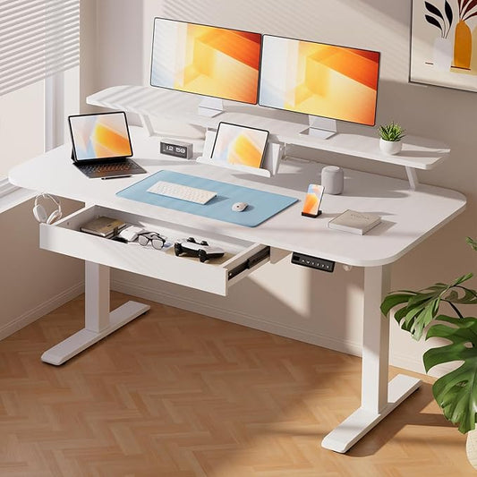 COMHOMA Electric Standing Desk with Drawers, 55 x 24 Inch Sit Stand up Desk with Monitor Stand, Laptop Stand, Height Adjustable Ergonomic Home Office Computer Desks with Memory Preset Controller by ComHoma