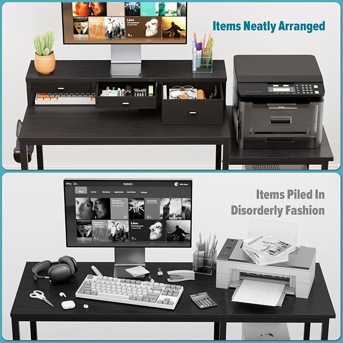 SINPAID 47 inch Computer Desk with Printer Shelf, Gaming Desk with Monitor Stand and Drawers, Reversible Home Office Desk with Storage Shelves and 2 Hooks, Home Workstation for Study Writing, Black - Image 7