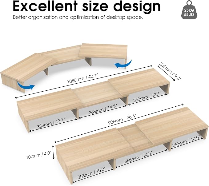 FITUEYES Dual Monitor Stand Riser, Adjustable Length and Angle, Oak | Wooden 3-Shelf Design, Supports up to 55lbs, Flexible for Standard Corner Space, Holds Monitor, Laptop, Phone, Printer - Image 3