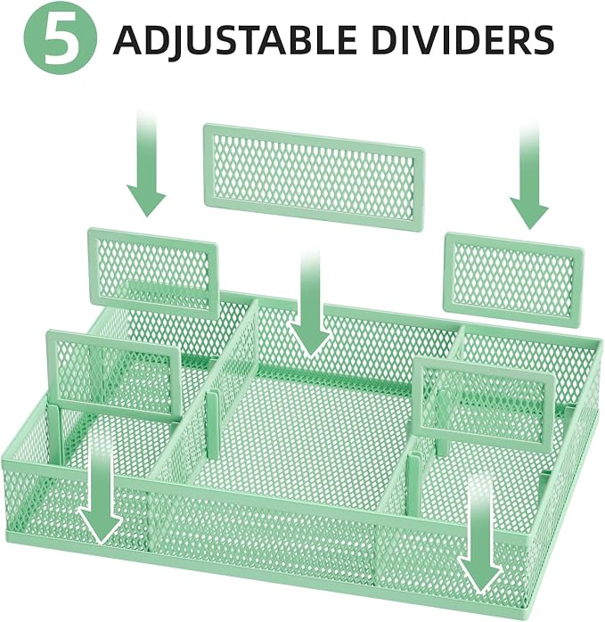 Marbrasse 2 Pack Desk Drawer Organizer, Mesh Drawer Organizer Tray with 8 Adjustable Compartments, Desk Organizers and Accessories, 5 Dividers Drawer for Office Supplies, Makeup & Vanity (Green) - Image 2