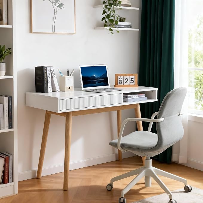 White Writing Desk with Storage, Mid Century Modern Desk for Small Spaces | 42.5-Inch Desktop, Soild Wood Legs, Hidden Drawer & Open Cubby Storage, Built-in Cable Management for a Clean Workspace - Image 2