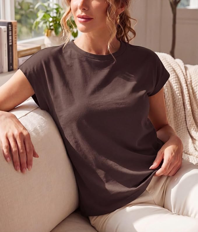 GRECERELLE Womens Summer Tops Cap Sleeve Crew Neck Basic T-Shirt | Everyday Casual Wear, Layering Friendly, Wrinkle-Resistant, Business Casual Ready, Lightweight & Packable, Capsule Wardrobe - Image 4