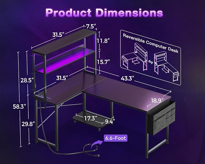 ODK 43" L Shaped Gaming Desk with Shelves, LED & Outlets, Black | Reversible L-shape. LED gaming lights & USB. Headset hook & storage bag. Fits dorms, small bedrooms & compact apartments. - Image 3