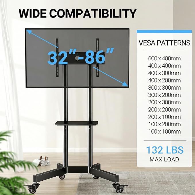 PERLESMITH Rolling TV Stand with Lockable Wheels for 32-86 Inch TVs Holds up to 132 Lbs, Height Adjustable Mobile TV Stand on Wheels with Laptop Shelf, Rolling Tv Cart Max VESA 600x400mm PSTVMC01 - Image 2