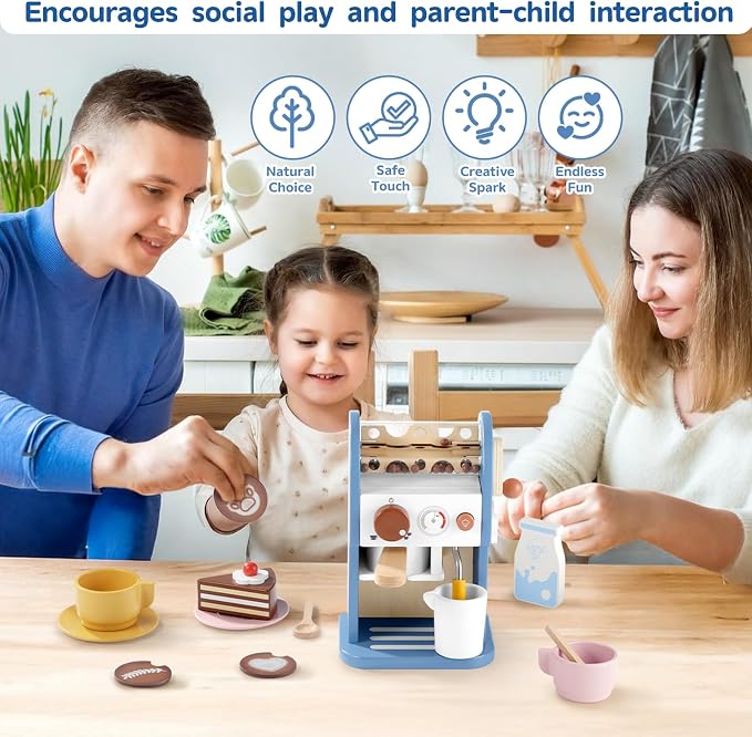 GAGAKU Wooden Coffee Machine Toy with Grinder，15 pcs Wood Play Kitchen Accessories for Kids Non-Toxic Pretend Play Barista Set Learning Gift for Toddlers Girls Boys Ages 3+ - Image 7