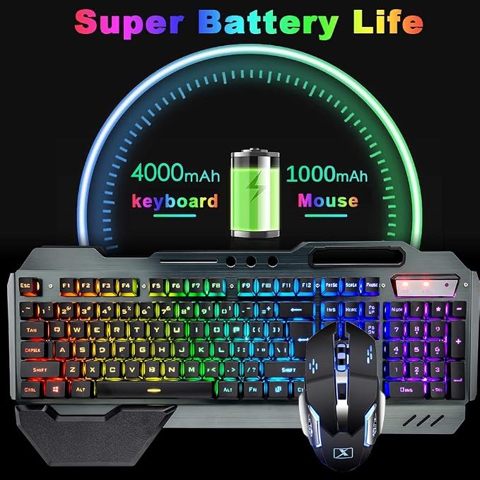 Wireless Gaming Keyboard and Mouse,RGB Backlit Rechargeable Keyboard Mouse with 5000mAh Battery Metal Panel,Removable Hand Rest Mechanical Feel Keyboard and 7 Color Gaming Mute Mouse for PC Gamer - Image 2