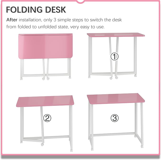 4NM 31.5" Mobile Small Folding Desk, Foldable Rolling Computer Home Office Desk, Study Writing Table for Small Space Saving Bedroom, with Wheels - Pink and White - Image 6