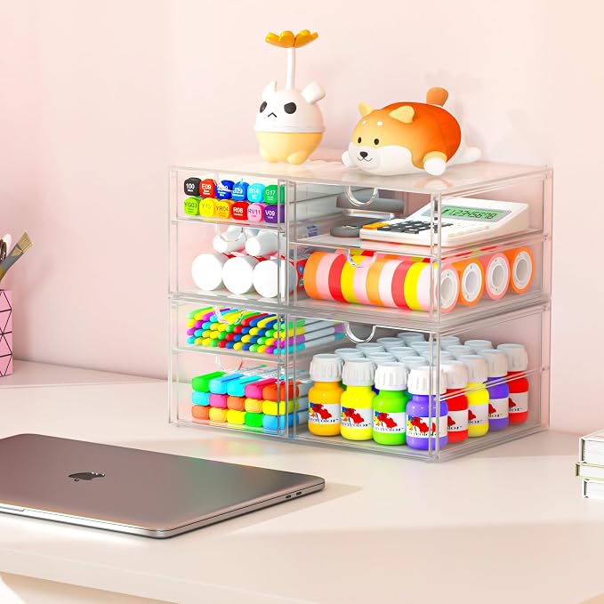 caktraie Acrylic 2-Pack 7-Drawer Makeup & Storage Organizer for Bath,Desk | Smooth-glide drawers, clear body, dustproof, wipe clean, for office supplies, pens, rings, earrings, tweezers, cotton swabs - Image 5
