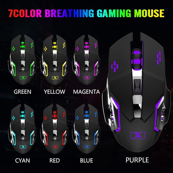 Wireless Gaming Keyboard and Mouse Combo,Rainbow LED Backlit Keyboard with Rechargeable 3800mAh Battery Metal Panel,Removable Wrist Rest Mechanical Feel and 7 Color Mute Gaming Mice for PC PS4 PS5 - Image 4