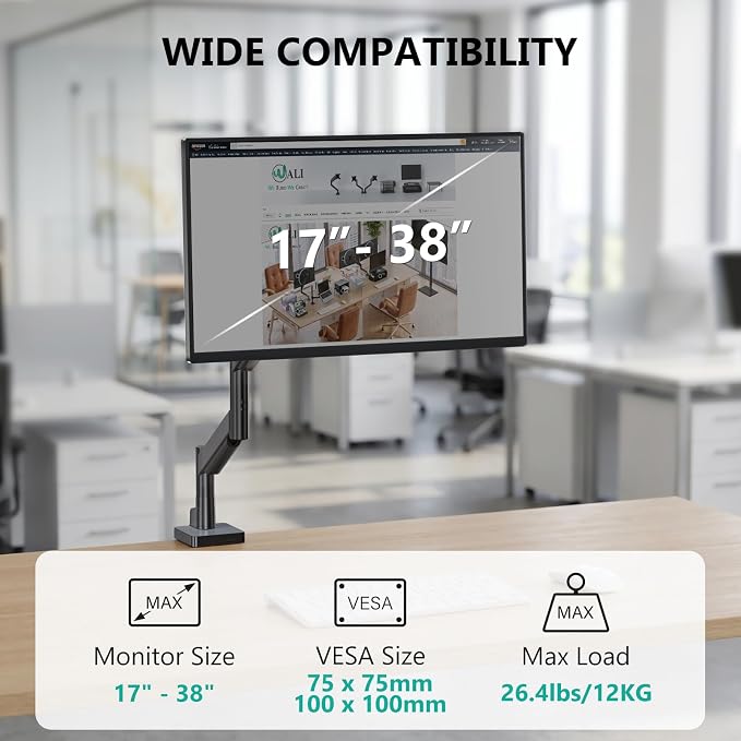 WALI Extra Long Single Monitor Arm for 17-38 inch Screens, up to 26.4 lbs | Tall Monitor Desk Mount, Full Motion with Tilt, Swivel, Rotation, C-Clamp/Grommet Base, VESA 75/100mm (GSMP001L), Black - Image 2