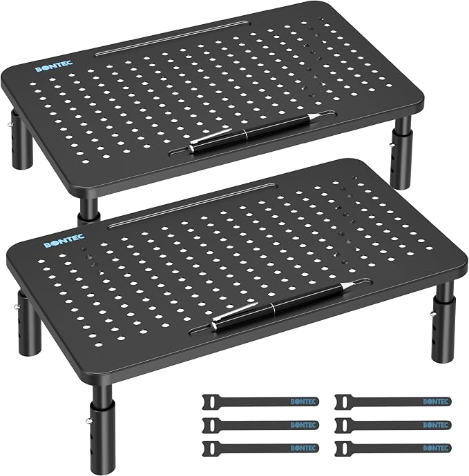BONTEC Monitor Stand for Desk 2 Pack, 3-Level Height Adjustable Metal Monitor Riser, 14.5 x 9.1 in Ergonomic Computer Stand with Pen Holder & Cable Management for Printer, Laptop, Office Workstation by BONTEC