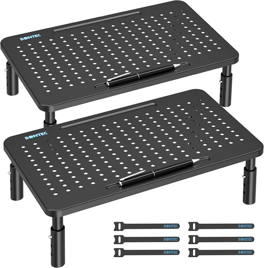 BONTEC Monitor Stand for Desk 2 Pack, 3-Level Height Adjustable Metal Monitor Riser, 14.5 x 9.1 in Ergonomic Computer Stand with Pen Holder & Cable Management for Printer, Laptop, Office Workstation by BONTEC
