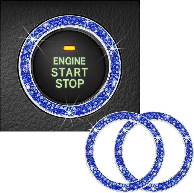 Kewucn 2 PCS Bling Crystal Double Rhinestone Car Engine Start Decoration Ring, Sparkling Push Start Button Sticker, Key Ignition & Knob Ring Decoration, Bling Car Interior Accessory(Dark Blue) by Kewucn