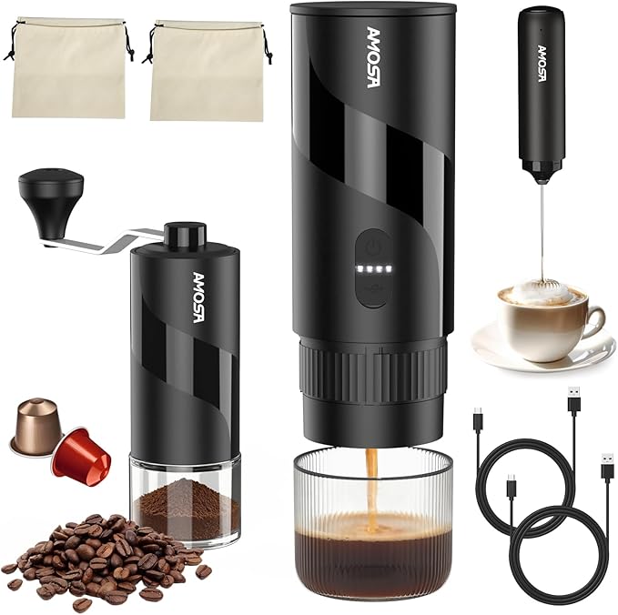 All in 1 Portable Electric Espresso Machine & Coffee Grinder & Milk Frother | Mini Compact Travel Coffee Maker Set for Ground Coffee & NS Capsules，Ideal for Camping, Car, RV, Hiking, Office, Home, Gift by AMOSA