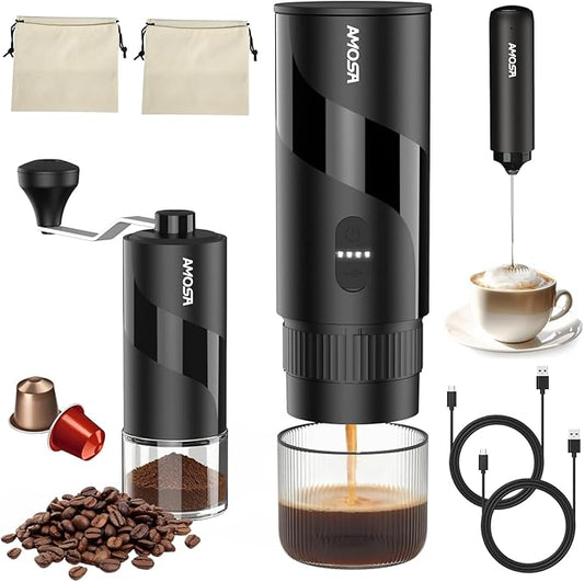 All in 1 Portable Electric Espresso Machine & Coffee Grinder & Milk Frother | Mini Compact Travel Coffee Maker Set for Ground Coffee & NS Capsules，Ideal for Camping, Car, RV, Hiking, Office, Home, Gift by AMOSA