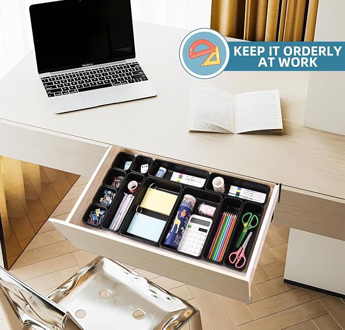 Kutesna 15PCS Interlocking Drawer Organizer, Plastic Desk Organizers Set | 3-Size Versatile Storage Bins,BPA-free, Non-slip, Fits Any Drawer for Cosmetics, Bathroom, Tools, Kitchen and Office, Black - Image 5