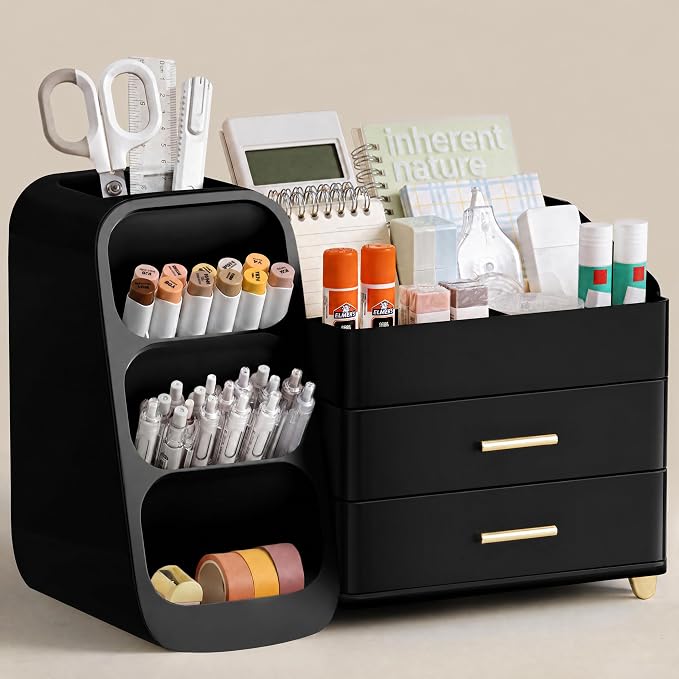 HBlife Desk Organizer with Pen Pencil Holder for Desk, Pen Organizer with 2 Drawers, Desk Organizers and Accessories with 4 Compartments, Desktop Storage for Office Home School Art Supplies, All Black by HBlife