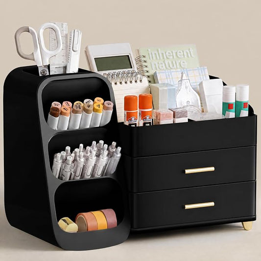 HBlife Desk Organizer with Pen Pencil Holder for Desk, Pen Organizer with 2 Drawers, Desk Organizers and Accessories with 4 Compartments, Desktop Storage for Office Home School Art Supplies, All Black by HBlife