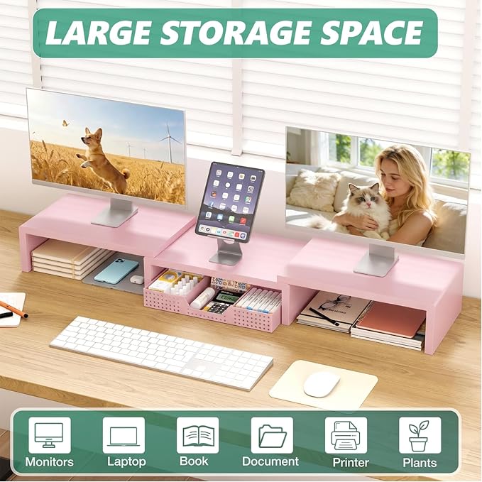 OPNICE Desk Organizers and Accessories, Dual Computer Monitor Stand Riser with Drawer, Office Decor for Women, Office Desk Accessories & Workspace Organizers for Home Office Supplies, Pink - Image 3