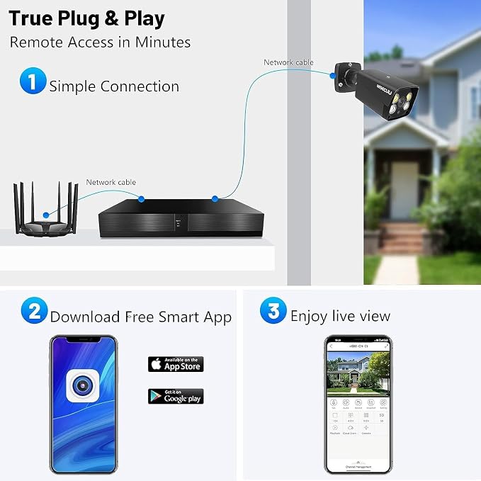 4K Security Camera System, 4pcs 2K PoE Wired Turret Cameras with Human Detection and 2 Way Talk, Color Night Vision, 8MP 4CH NVR with 1TB Hard Drive for 24/7 Local Recording, No Subscription (Black) - Image 8