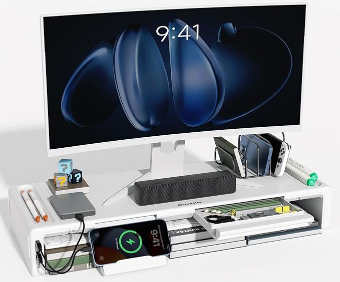 OImatser Monitor Stand Riser with USB 3.0 Hub & Type-C Port, Foldable Adjustable Computer Stand with Storage Drawer, Pen Slot & Phone Holder, Space Saving Laptop Stand for Home Office Desk Organization (White-3.0 HUB-Adapter) by Olmaster