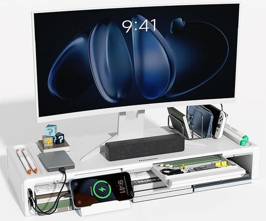 OImatser Monitor Stand Riser with USB 3.0 Hub & Type-C Port, Foldable Adjustable Computer Stand with Storage Drawer, Pen Slot & Phone Holder, Space Saving Laptop Stand for Home Office Desk Organization (White-3.0 HUB-Adapter) by Olmaster