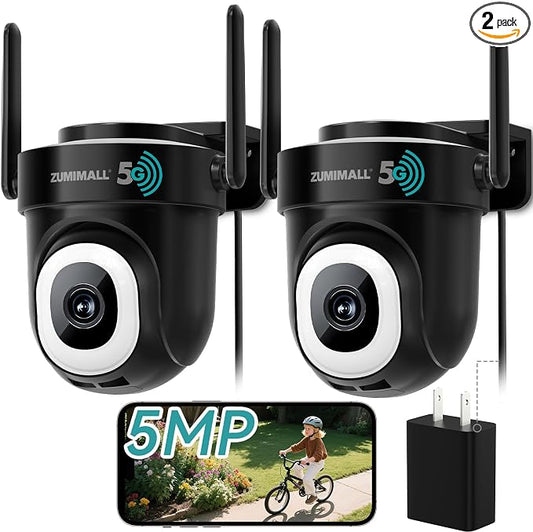 ZUMIMALL 2.5K Wired Cameras for Home Security, 2.4G/5G WiFi Outdoor Camera, 5MP, 24/7 Recording,AI Motion Detection, Cloud & SD Card Storage, 2-Way Audio, 360° PTZ Auto Tracking, IP66-2-Pack (Black) by ZUMIMALL