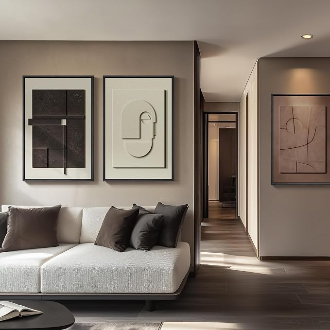 Large 3D Textured Framed Abstract Wall Art for Living Room, 3 Piece Modern Paintings Artwork for Walls, Black White Brown Geometric Sandstone Texture Pictures for Hallway Office Home Decor 24x36 In - Image 2