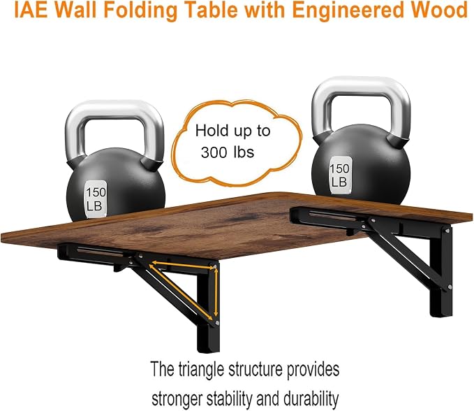 IAE 36x22in Floating Fold Desk,Wall-Mounted Folding Computer Table,Rustic | Study Table with Shelf Brackets,Foldable Down Shelf with Engineered Wood,Fold Computer Desk for Small Apartment,Holds 502 lb - Image 5
