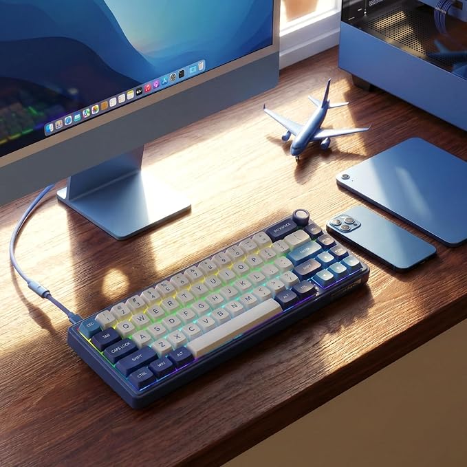 RK ROYAL KLUDGE R65 Wired Gaming Keyboard with Volume Knob, 60% Percent RGB Backlit Mechanical Keyboard Gasket Mount with PBT Keycaps, MDA Profile, QMK/VIA, 66 Keys Hot Swappable Cream Switch, Blue - Image 9