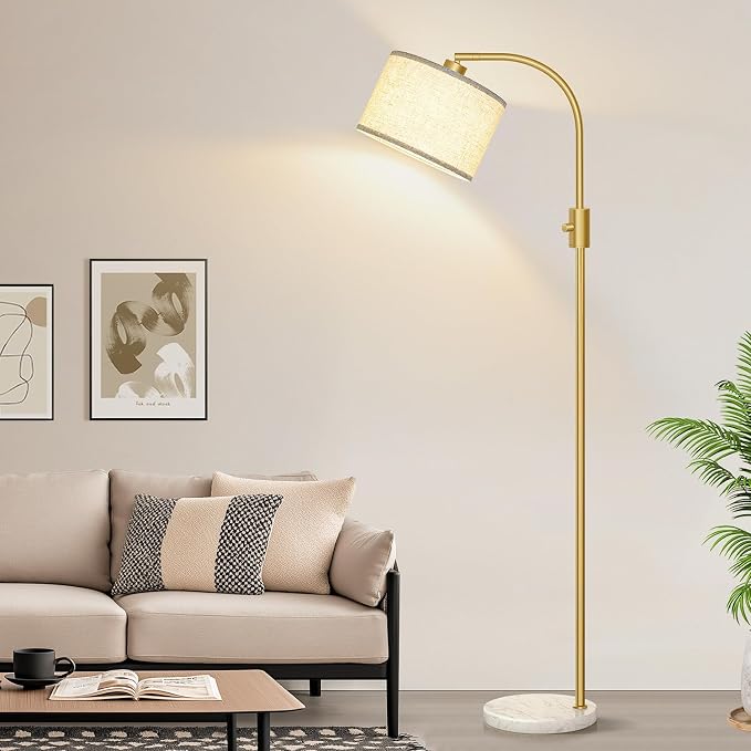 Nintiue Upgraded Modern Arc Dimmable Tall Standing Floor Lamp with Marble Base & Linen Shade, 1200 Lumens LED Bulb Included, for Living & Reading Room, Bedroom, Office & Nursery, Gold - Image 6
