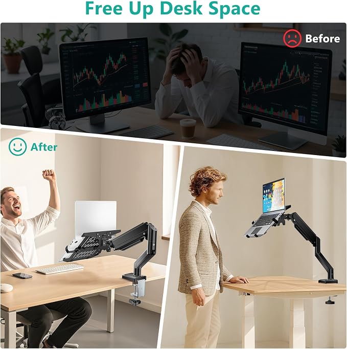 WALI Single Arm Laptop and Monitor Desk Mount for 17" Notebook and Up to 32" Screen, 2-in-1 Adjustable Gas Spring Monitor Arm with Laptop Tray, VESA 75x75 100x100,Holds 22-26.4 lbs, Black (GSMP001NLP) - Image 3