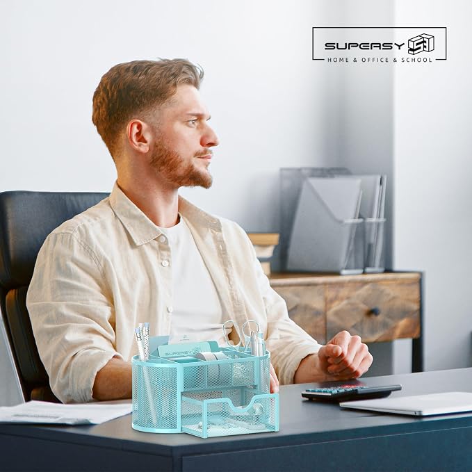 Mesh Desk Organizer with Drawer, 9-Compartment Pen Holder for Desk, Blue | Pull-Out Drawer Stores Pens, Pencils, Clips, Notes, and Small Office or School Supplies in One Compact Desk Caddy - Image 2