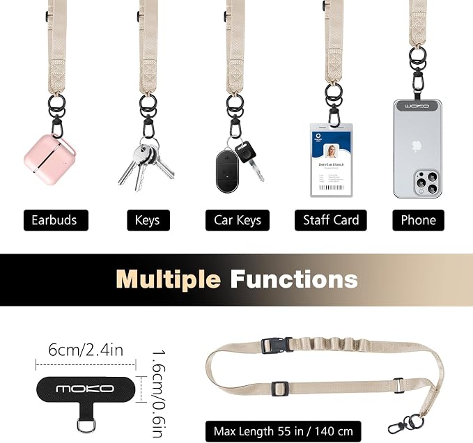 MoKo Universal Phone Lanyard, Nylon Adjustable Cell Phone Crossbody Strap Detachable Women & Men Cellphone Lanyards Around the Neck with Patches for iPhone, Most Smartphones, Light Khaki - Image 6