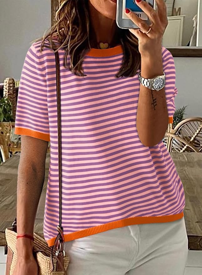 Dokotoo Womens Tops 2026 Casual Summer Crewneck Short Sleeve Striped Color Block Knit High Low Trendy Pullover Sweaters - Image 3