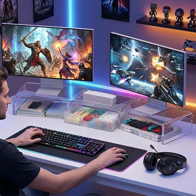 OPNICE Clear Acrylic Desk Organizers and Accessories, Dual Monitor Stand Riser with Drawer, Desk Shelf Computer Racks for Office Workspace Organizers, Desktop Organization (Transparent) - Image 6