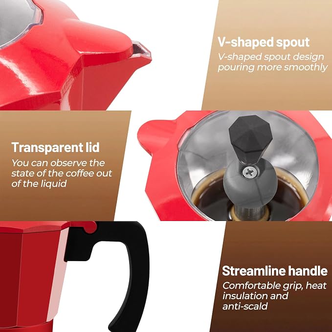 Electric Aluminum Moka Pot 3-6 Cup 150-270ml Espresso Maker | with Detachable Base Ideal Coffee Makers for Home MochaPot Italian and Cuban Café Coffeemaker Espressomaker CoffeePot Red - Image 7