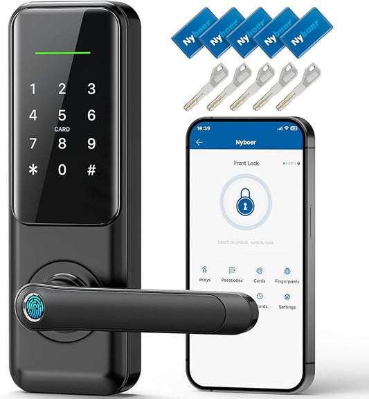 Nyboer Smart Keypad Door Lock with Handle for Front Door | 7 in 1 Keyless Entry with Fingerprint, Easy DIY Install, Remote & Voice Control, Auto-Lock, Ideal for Lockset Replacement by Nyboer