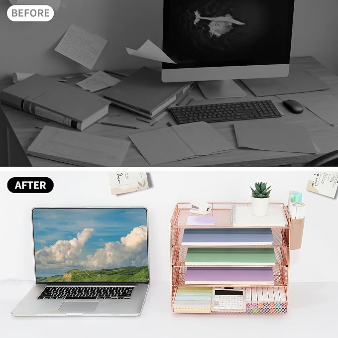 LEKETREE Desk Organizer and Accessories, 5-Tier Paper Letter Tray Organizer with Drawer & 2 Pen Holders for Desktop File Organization, Office Desk Accessories for Supplies Storage (Rose Gold) - Image 6