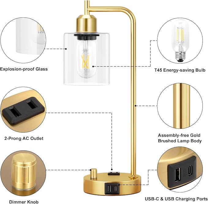 Innqoo Industrial Table Lamp for Bedroom Set of 2 - Fully Dimmable Bedside Lamps with USB Ports and Outlet, Gold Nightstand Lamps with Clear Glass Shade for Living Room, Desk Lamps for Office Reading - Image 4