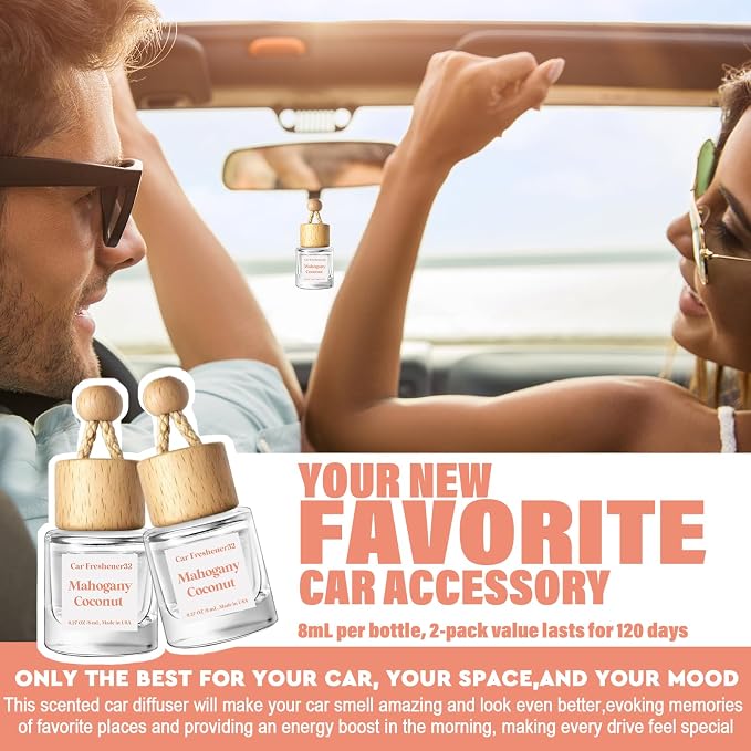 HoogaLife Car Air Freshener Diffuser 2 Pack Hanging Mahogany Coconut Car Air Freshener for Women 45+ Days Long Lasting Fragrance Made in USA (M32) - Image 3