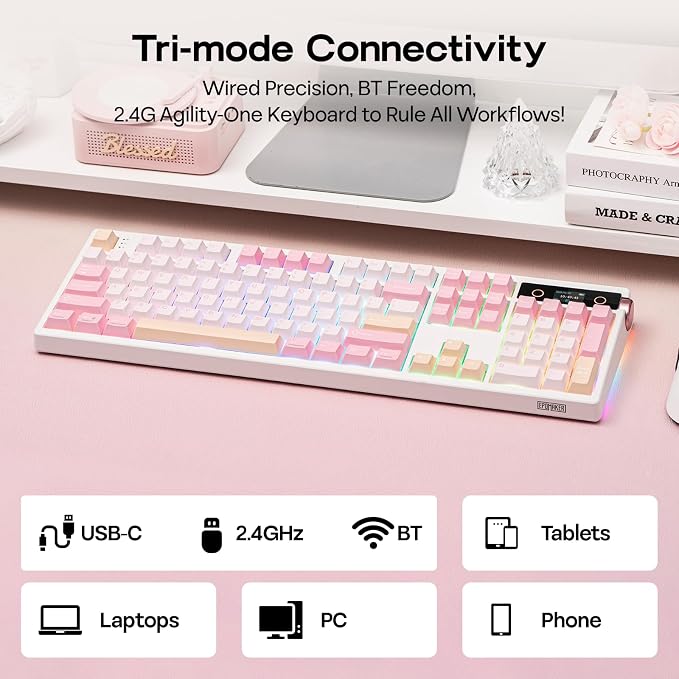 EPOMAKER TH108 PRO Full Size Mechanical Keyboard with Screen & Knob, Wireless Gaming Keyboard with 10000mAh, Creamy Gasket, Hot Swap, Custom Driver, RGB Backlight, NKRO (Pink, Sea Salt Silent) - Image 5