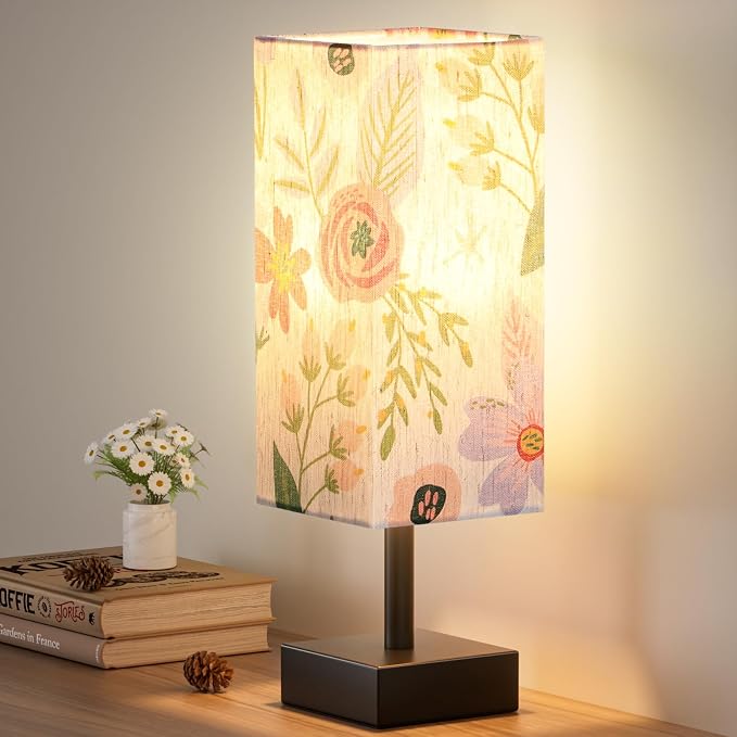 aooshine Small Bedside Table Lamp for Bedroom - Square Floral Fabric Shade | Inline Rocker Switch, Corded Electric, Bulb Not Included, 12.8" Mini Table Lamp for Nightstand, Desk, Dorm, Office by Aooshine