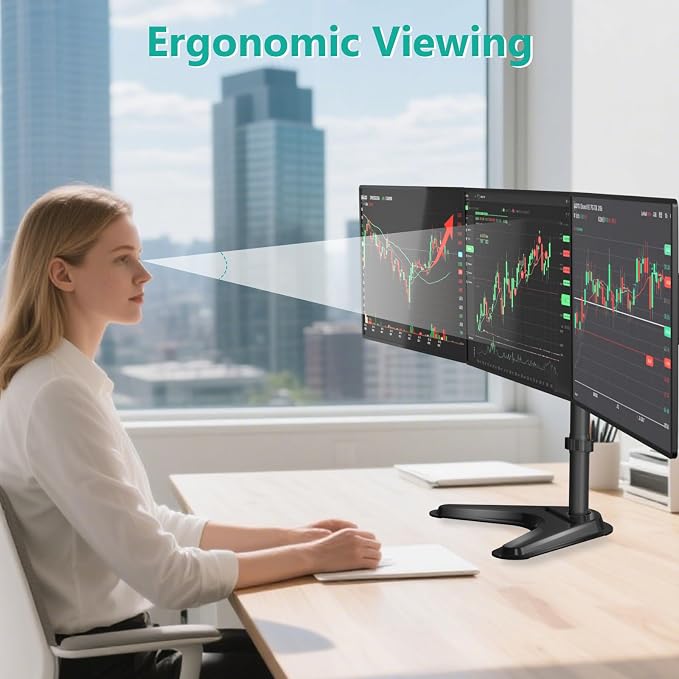 WALI Free Standing Triple Monitor Mount, Heavy Duty Triple Monitors Stand for 13-27 inch Screens, Adjustable 3 Monitor Arm Desk Mount with Swivel, Tilt, Rotation, Grommet Base (MF003N), Black - Image 4