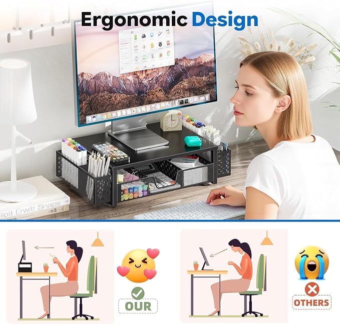 Simple Trending Metal Monitor Stand Riser, Drawer & 2 Pen Holders, Black | 2-in-1 Desk Organizer & Monitor Stand | Sturdy Metal | Ergonomic Support | Space Saving | Easy Setup - Image 4