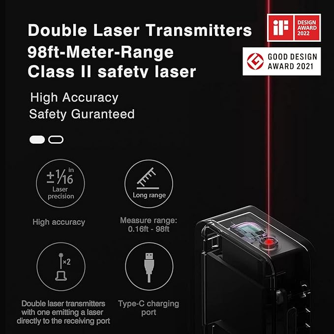 HOTO Pocket-Size Laser Measuring Tool, EDC Gadget Birthday Gift for Men Dad | Keychain-ready Carry Design, 98Ft Laser Tape Measure ±2mm Accuracy, USB-C Rechargeable, OLED Display, Ft/M/in Unit Conversion - Image 4