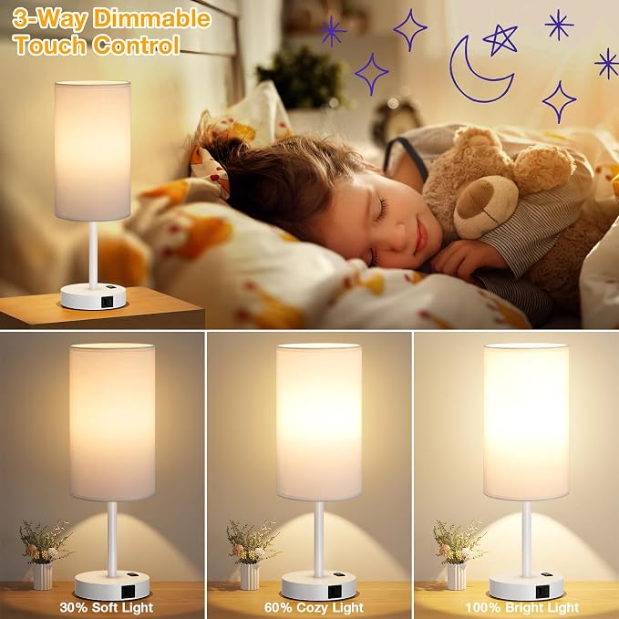Dicoool 17.4" Bedside Lamp for Bedroom - Dimmable Touch, USB A+C, AC Outlet | LED Bulb Included, 3-Way Dimmable, 17.4" Table Lamp for Living Room, Dorm, White Fabric Lampshade, White Metal Base - Image 3